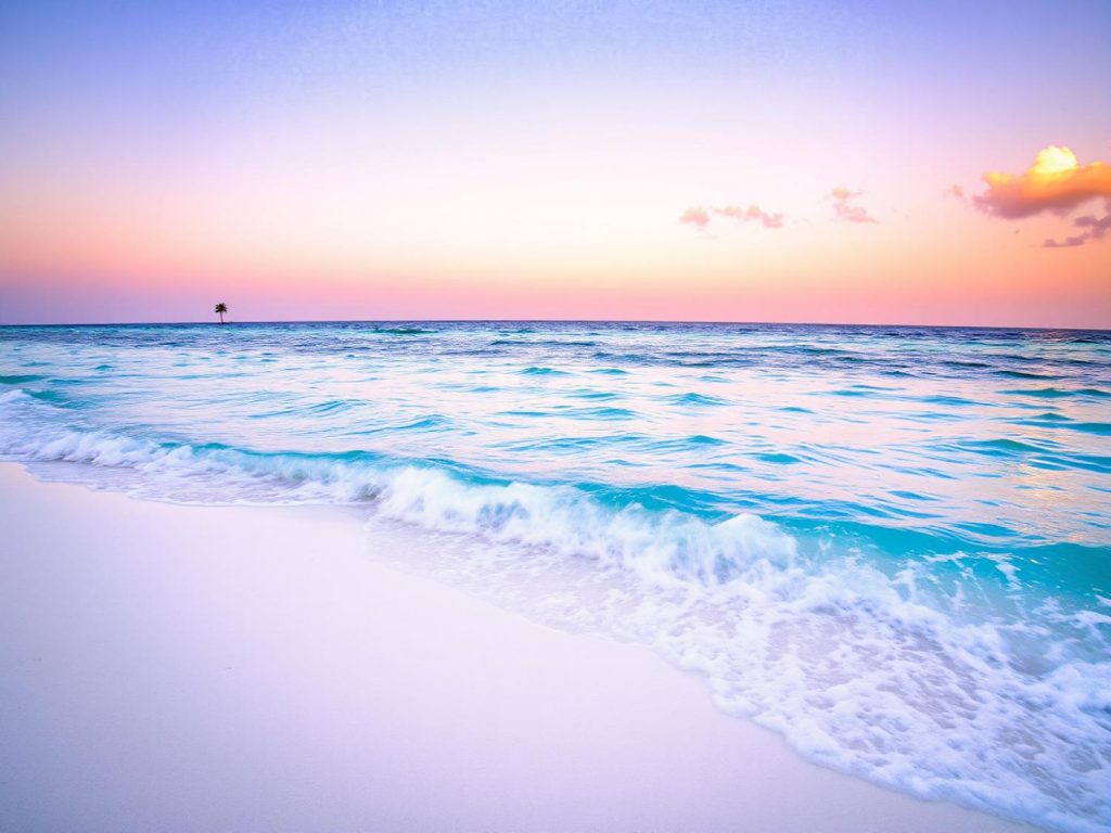 Palm silhouette at pastel sunset on serene beach; nature's palette inspires soft summer hues in fashion and chic coastal accessories.