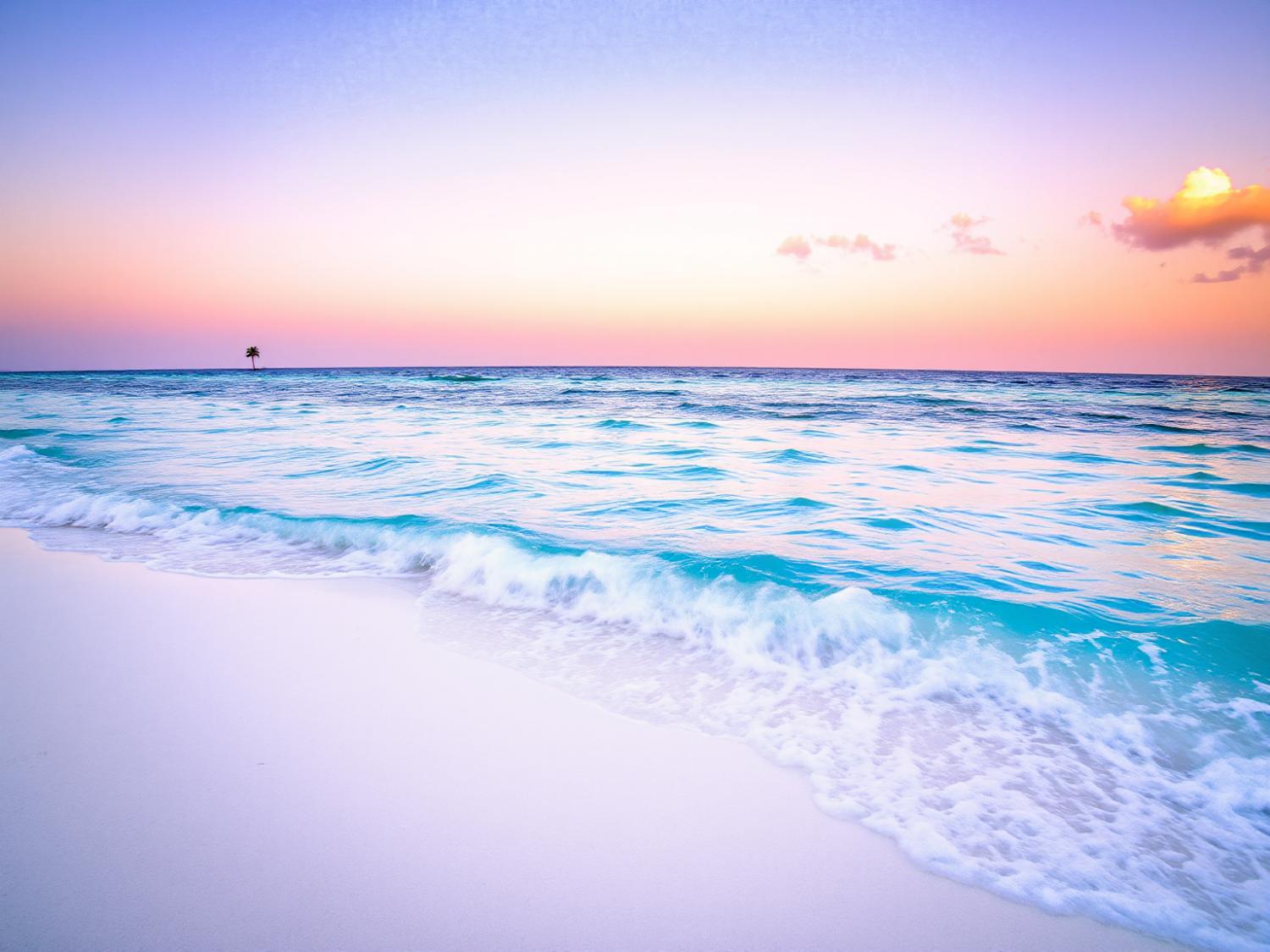 Palm silhouette at pastel sunset on serene beach; nature's palette inspires soft summer hues in fashion and chic coastal accessories.