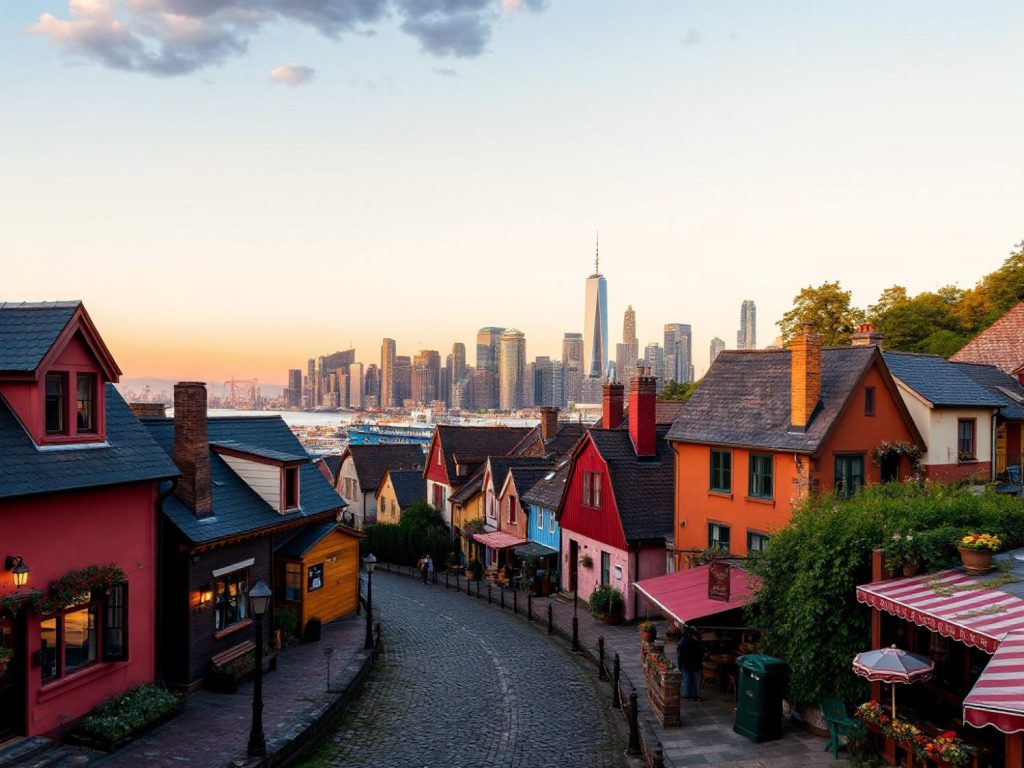 Chic travel vibes: Vibrant houses on a cobblestone street at sunset, with Travelon's stylish bags framing the skyline adventure.