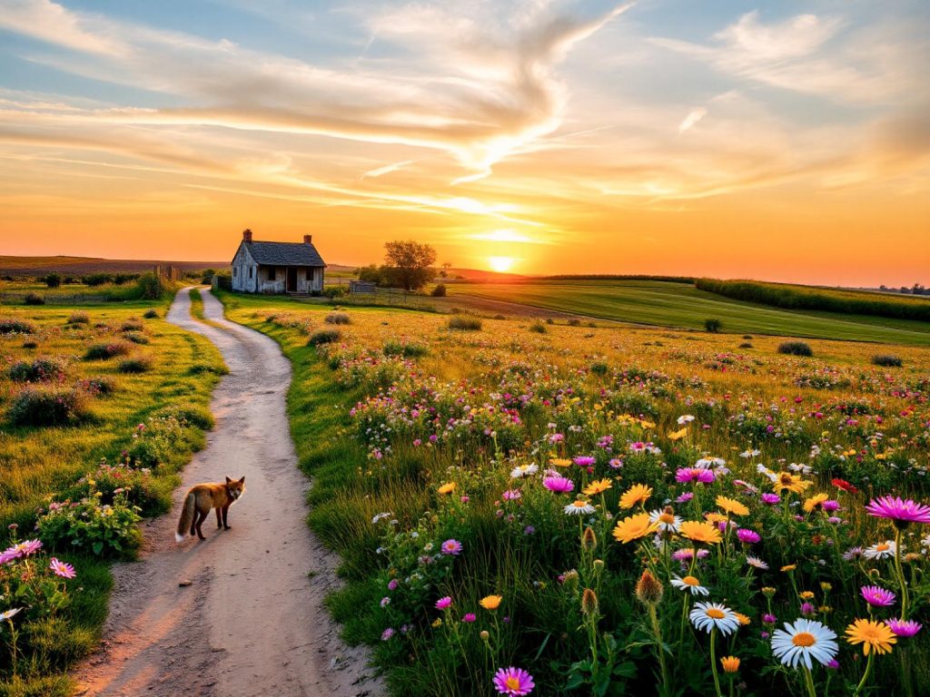 A fox poses on a sunset-lit path, surrounded by vibrant wildflowers. The perfect backdrop for countryside adventures with your Travelon Anti-Theft Bag.