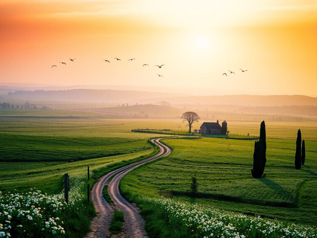 A serene dirt path meanders through vibrant fields toward a distant house, framed by sunset hues and soaring birds. Elements of rustic charm meet pastoral elegance. Perfect for lovers of earthy tones and tranquil style inspiration.