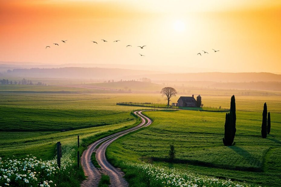 A serene dirt path meanders through vibrant fields toward a distant house, framed by sunset hues and soaring birds. Elements of rustic charm meet pastoral elegance. Perfect for lovers of earthy tones and tranquil style inspiration.