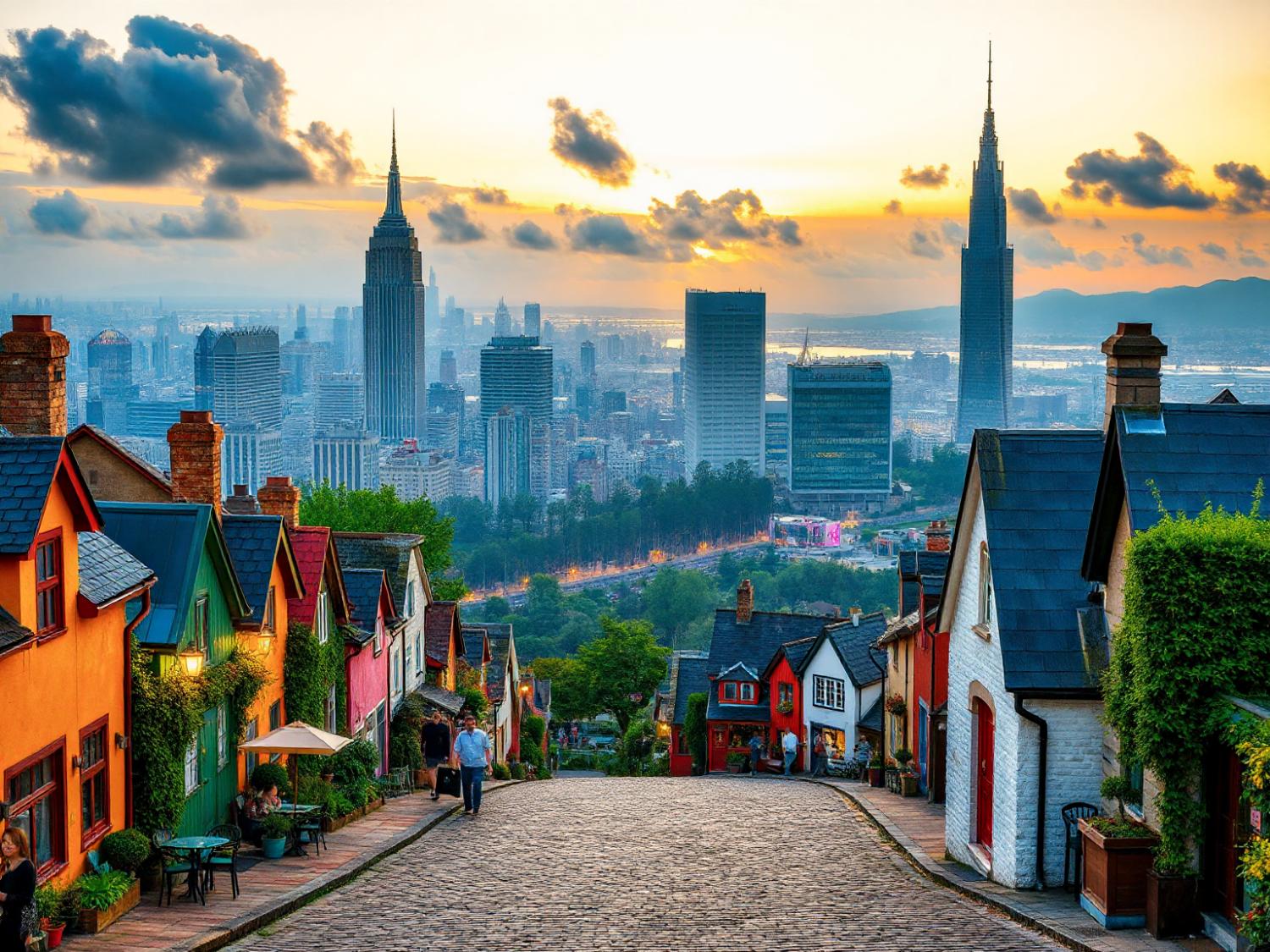 A sunset view of vibrant homes on a cobblestone street leading to skyscrapers; like eco-friendly bags blending tradition with innovation in style.