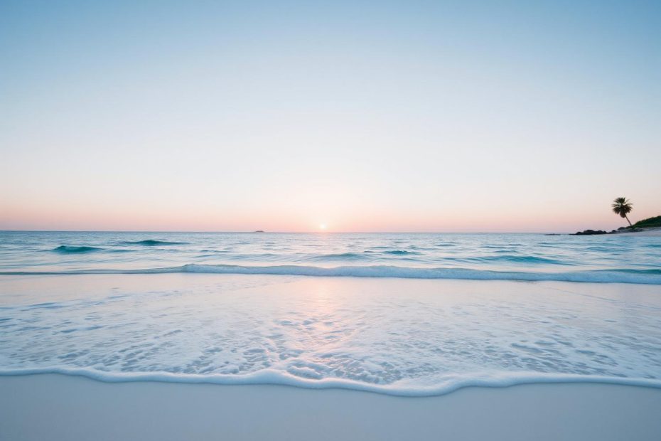 A tranquil sunset beach scene with eco-friendly waves; a stylish fashion bag adorns a palm tree, merging nature and trend effortlessly.