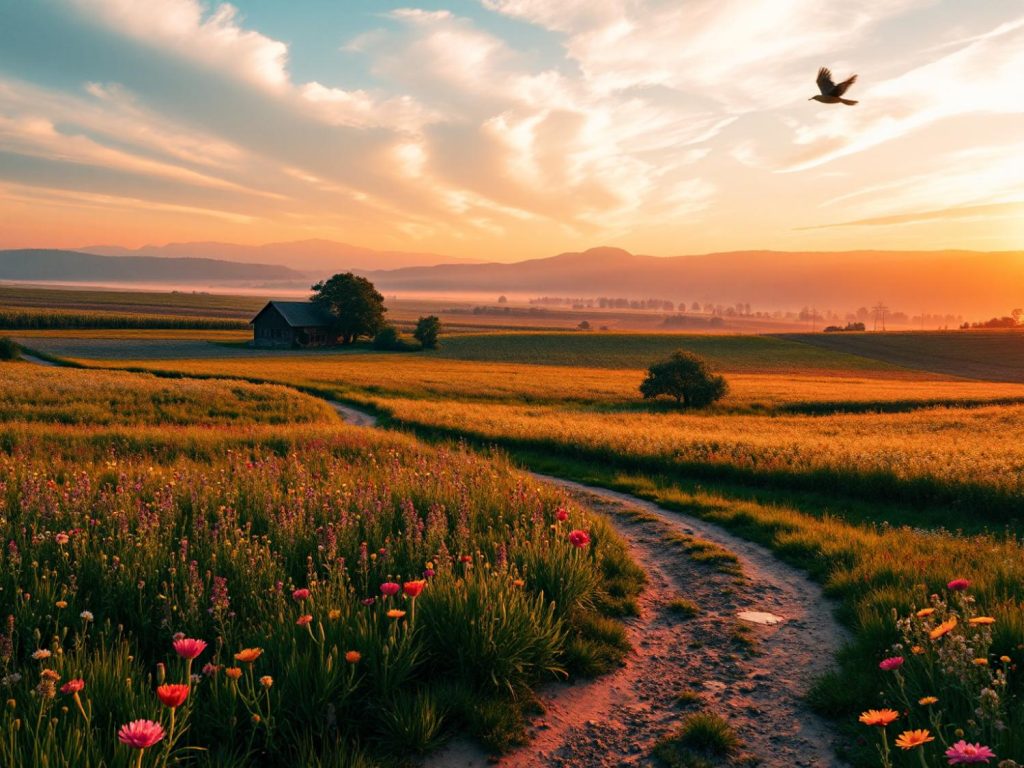 Golden hour paints a rural landscape—a winding path through vivid fields, with sunset hues echoing the natural beauty trend in fashion.