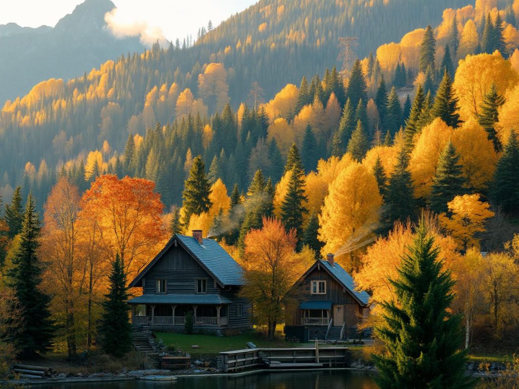 A cozy cabin and quaint house lie nestled in vibrant autumn hues, where rustic mountain living meets nature-inspired fashion trends.