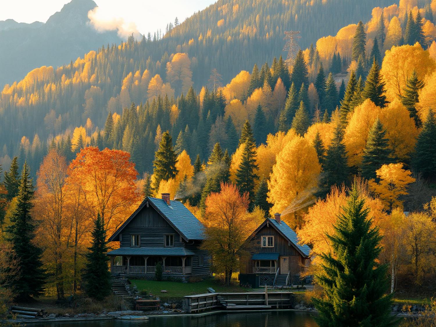 A cozy cabin and quaint house lie nestled in vibrant autumn hues, where rustic mountain living meets nature-inspired fashion trends.