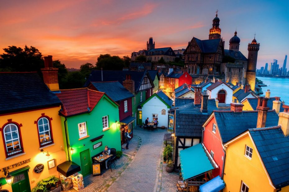 A chic Parisian-style village at sunset, where colorful houses on a cobblestone street meet elegance; the skyline glistens beyond.