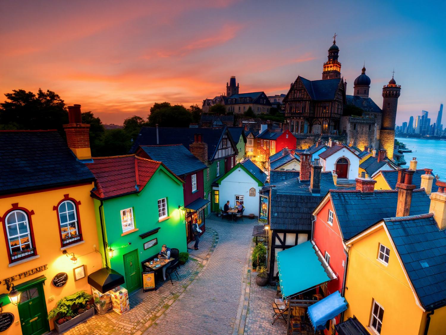 A chic Parisian-style village at sunset, where colorful houses on a cobblestone street meet elegance; the skyline glistens beyond.