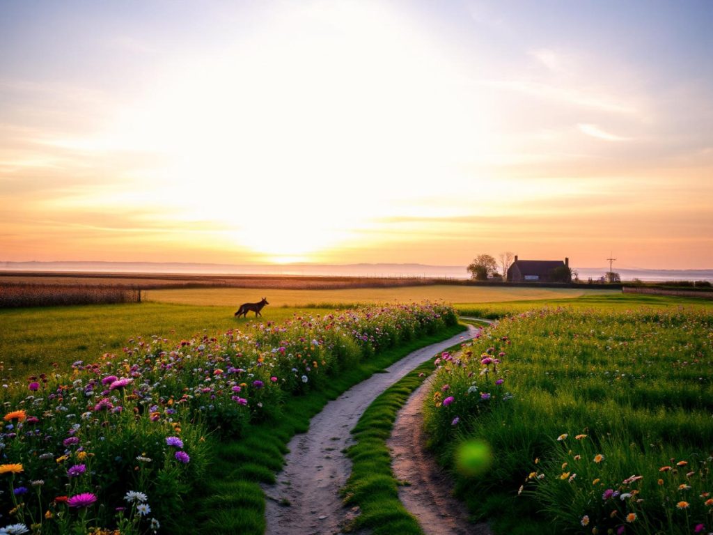 A joyful dog frolics on a winding path through a meadow of wildflowers at sunset, echoing the cozy elegance of French country style.