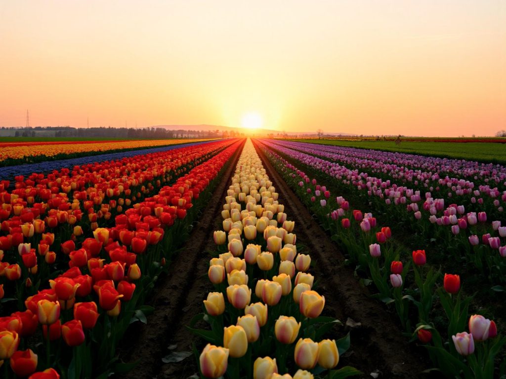 A vibrant tulip field at sunset mimics the timeless elegance of a classic French wardrobe, with rows of red, yellow, pink, and purple blooms.
