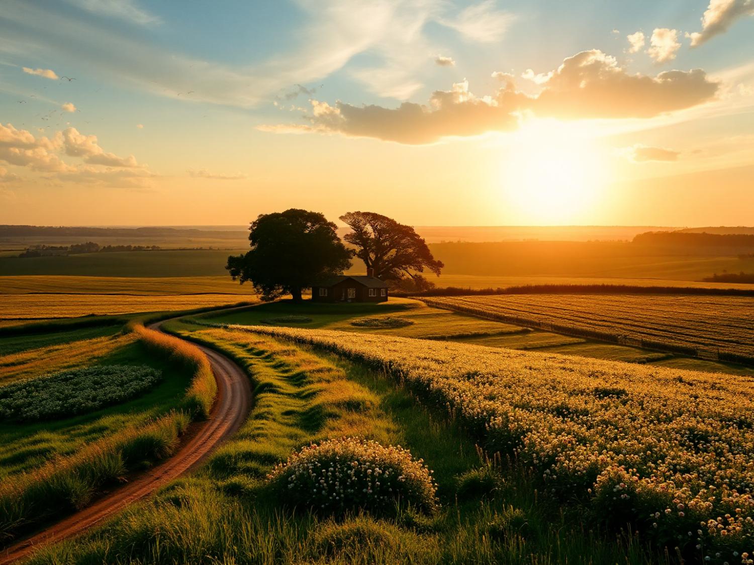 A picturesque sunset over a rustic countryside, where earth-toned tweeds blend harmoniously with nature’s floral-inspired hues.