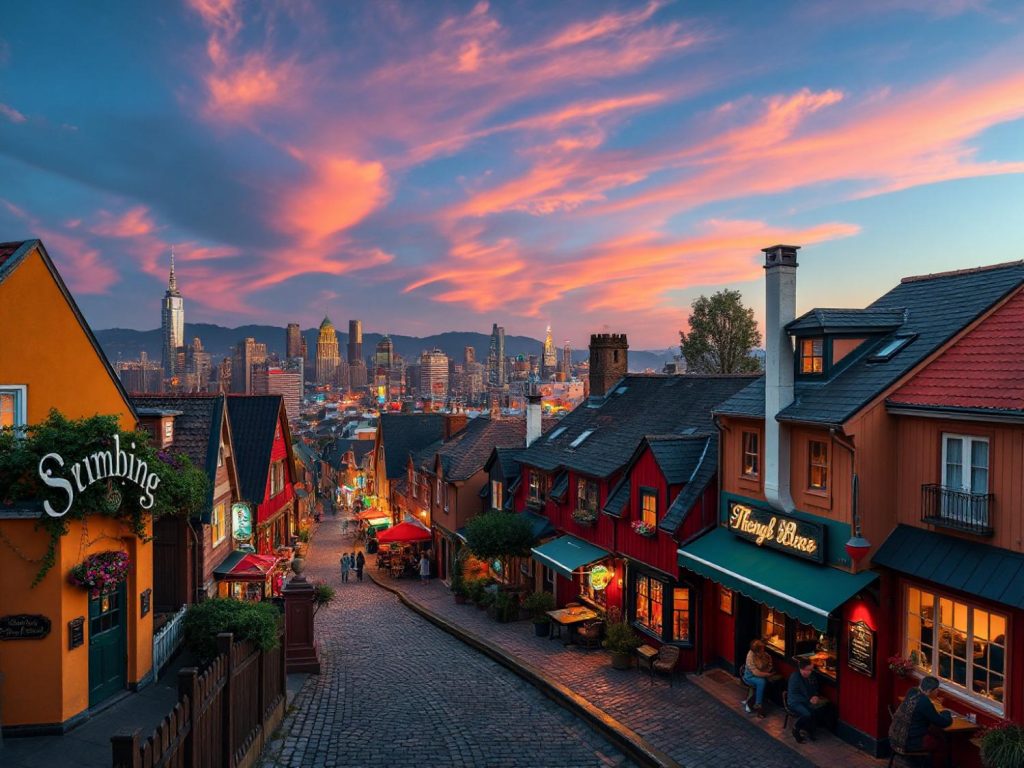 A trendy cobblestone street at sunset, lined with colorful boutiques and cafes, set against a skyline of vibrant pinks and oranges.