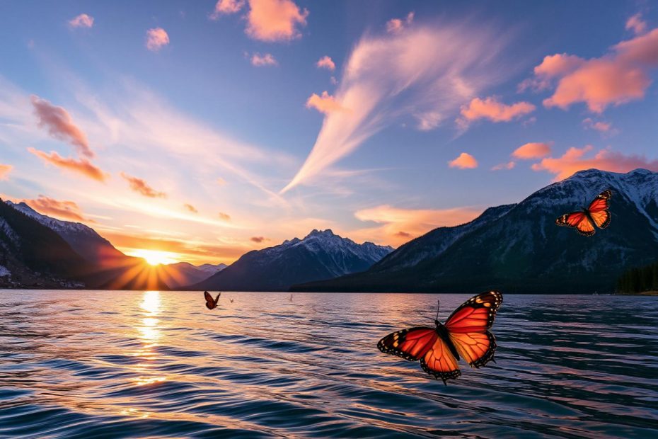 Butterflies dance over a sunset-lit lake, their vibrant wings echoing the season's trend of warm hues in fashion accessories.