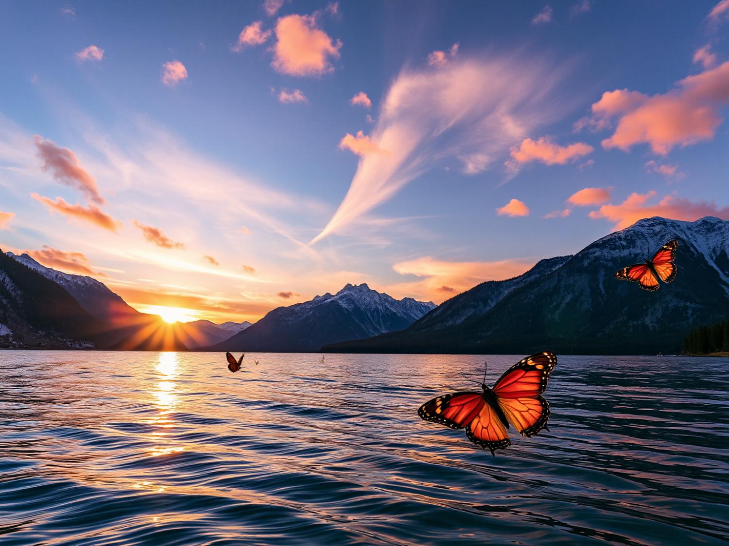 Butterflies dance over a sunset-lit lake, their vibrant wings echoing the season's trend of warm hues in fashion accessories.