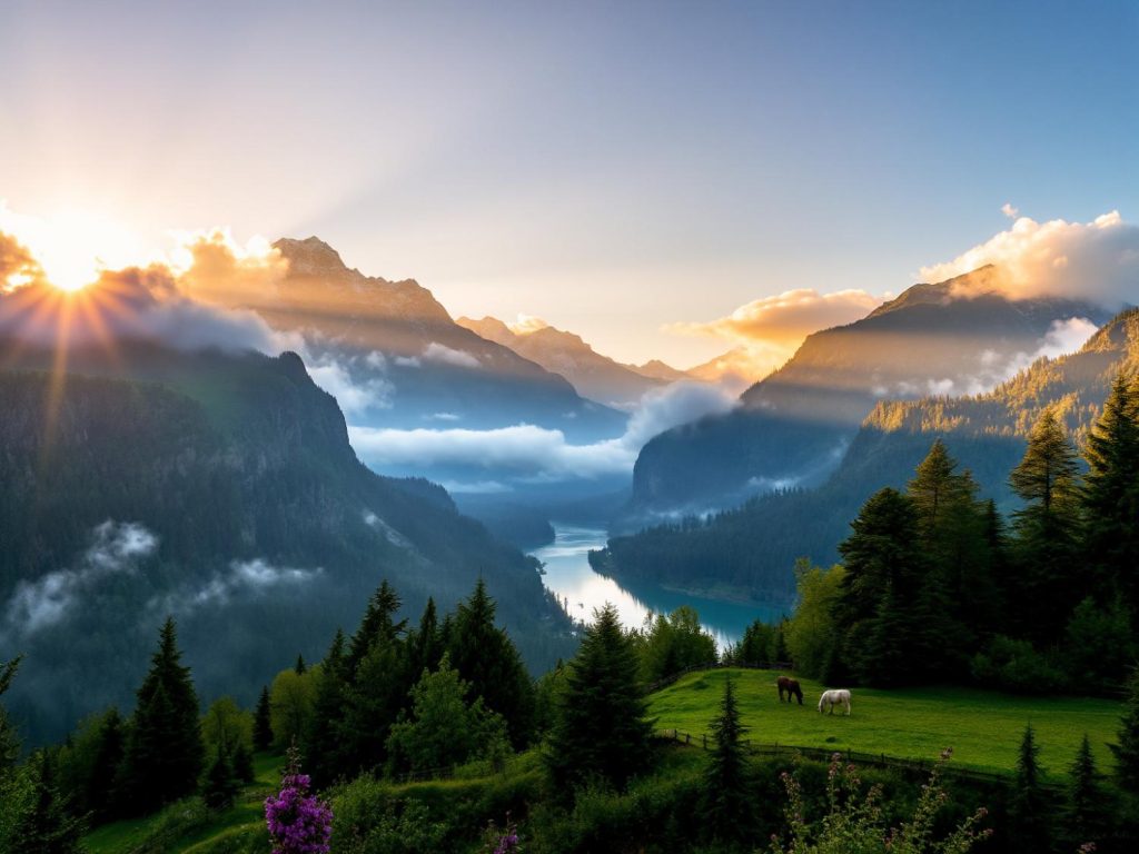 A breathtaking sunrise over misty mountains, as river-washed hues mimic earthy fashion palettes; graceful horses evoke timeless elegance.