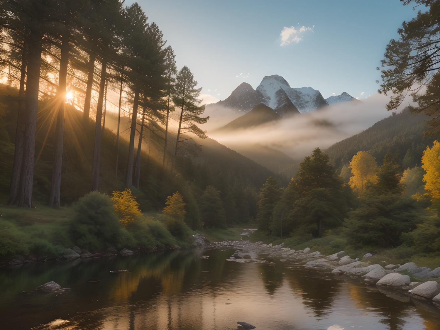 A river reflects tall trees and sunrise hues, reminiscent of a fashion palette. Imagine accessories inspired by tranquil nature scenes.