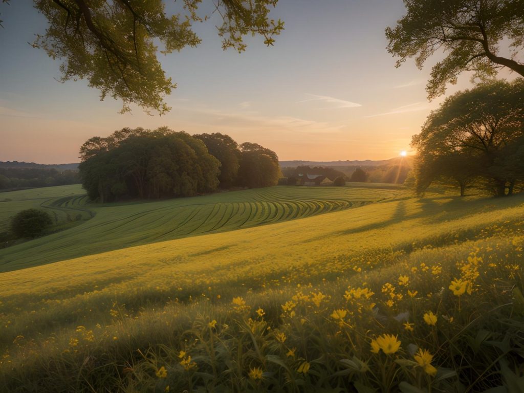 A serene landscape at sunset with sunlit yellow blooms, reminiscent of a floral print trend in spring fashion collections.