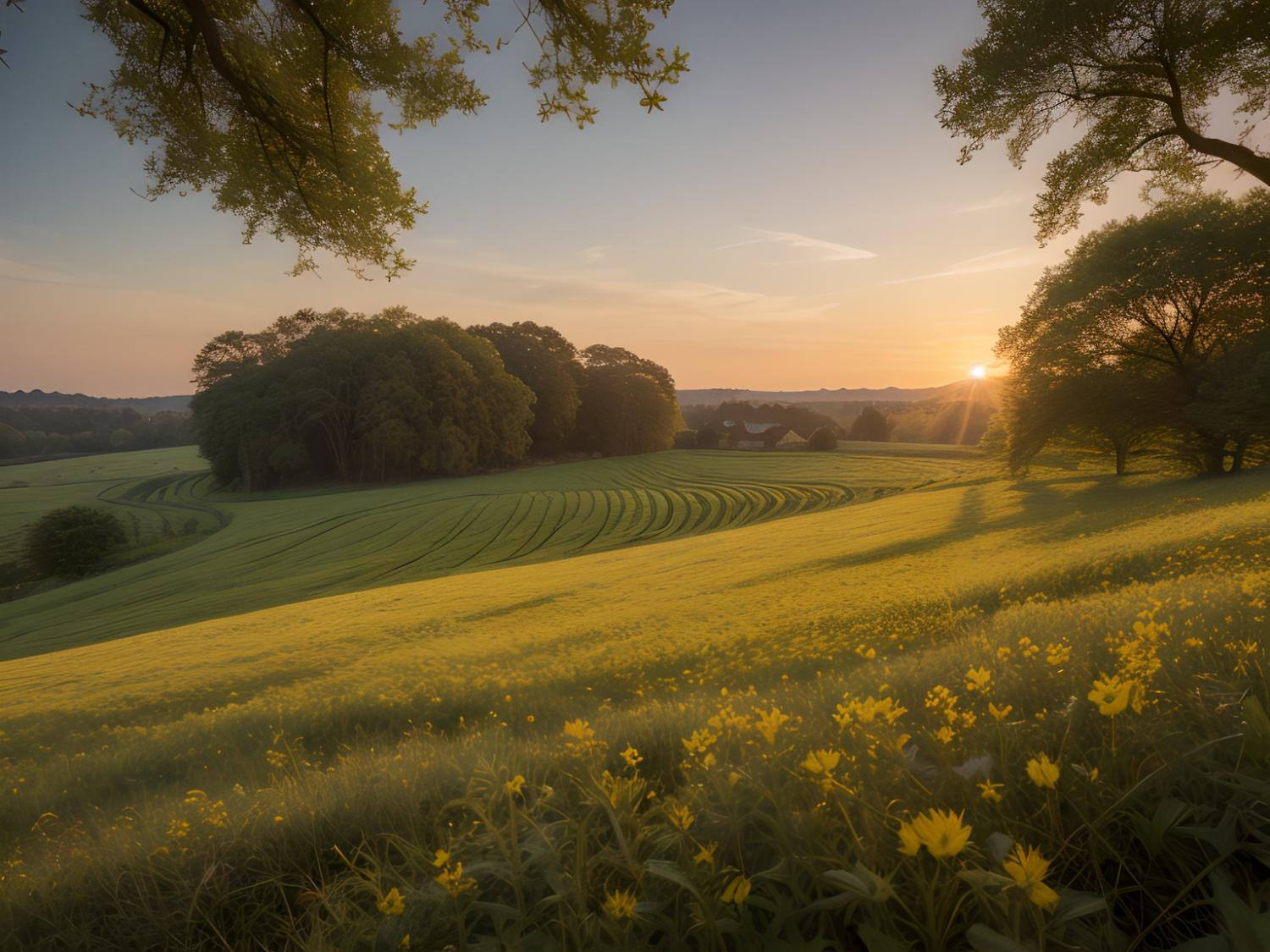 A serene landscape at sunset with sunlit yellow blooms, reminiscent of a floral print trend in spring fashion collections.