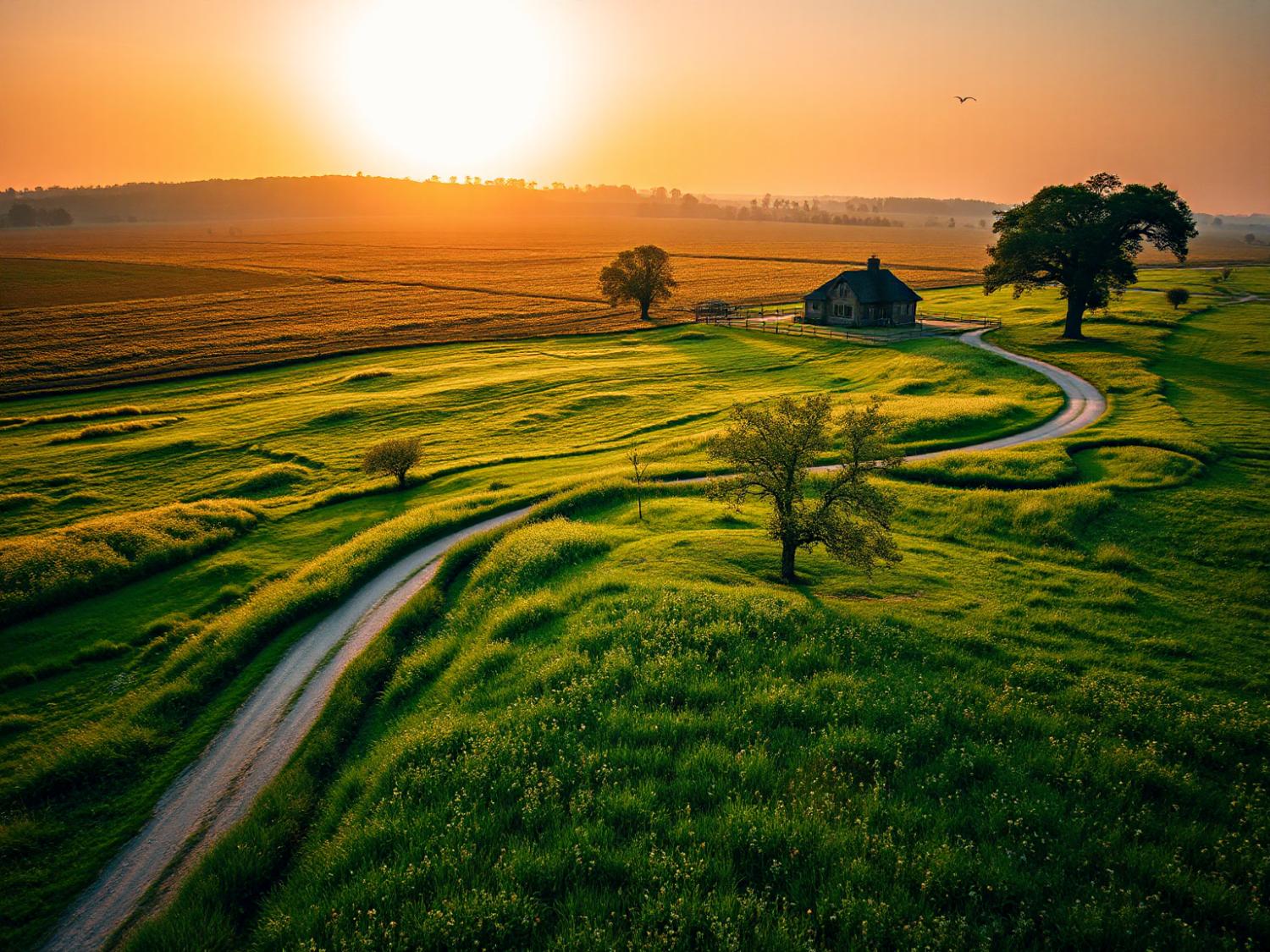 A tranquil country road guides you to a charming cottage amid verdant fields, as the sun’s golden glow paints nature's canvas—perfect for a rustic fashion photoshoot.