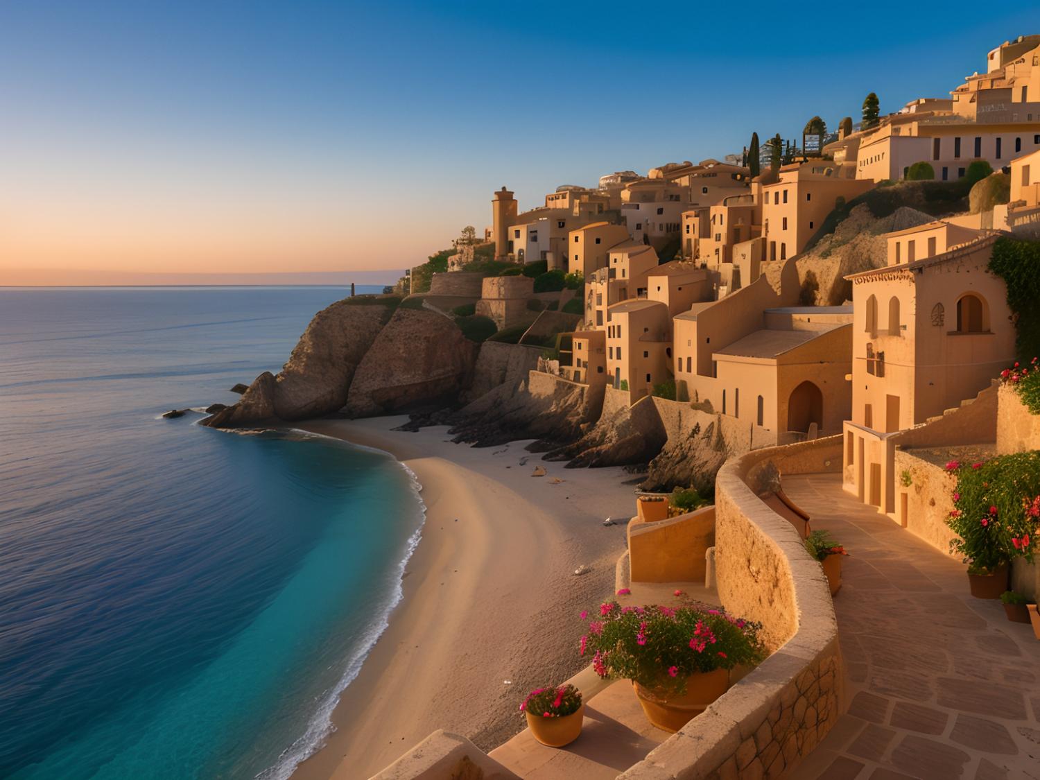 Discover coastal chic: terracotta rooftops atop cliffs, sandy shores, turquoise waters; a sunset palette perfect for fashion inspiration.