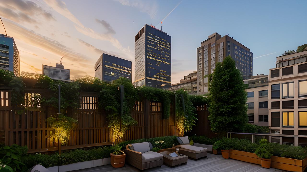 A chic rooftop patio at sunset showcases modern furniture and lush plants, with a stylish Sling chair amidst glowing cityscape highlights.