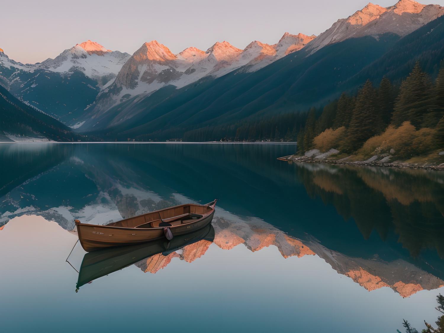 A wooden boat gently drifts on a serene lake, with snow-capped peaks mirrored in the water—a peaceful escape in luxe natural style.