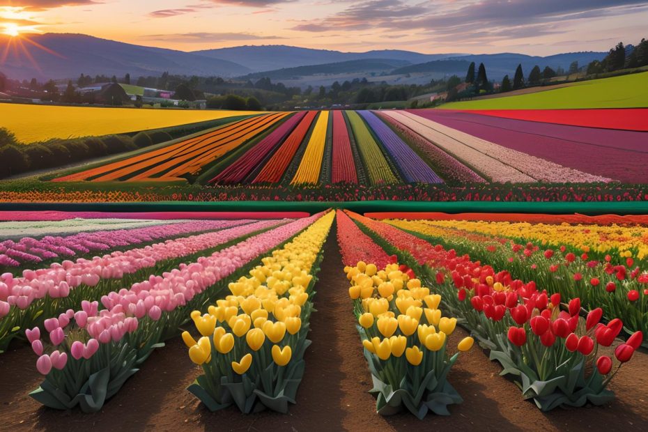 A vibrant field of multicolored tulips resembling the hues of a trendy crossbody bag stretches under a stunning sunrise sky.