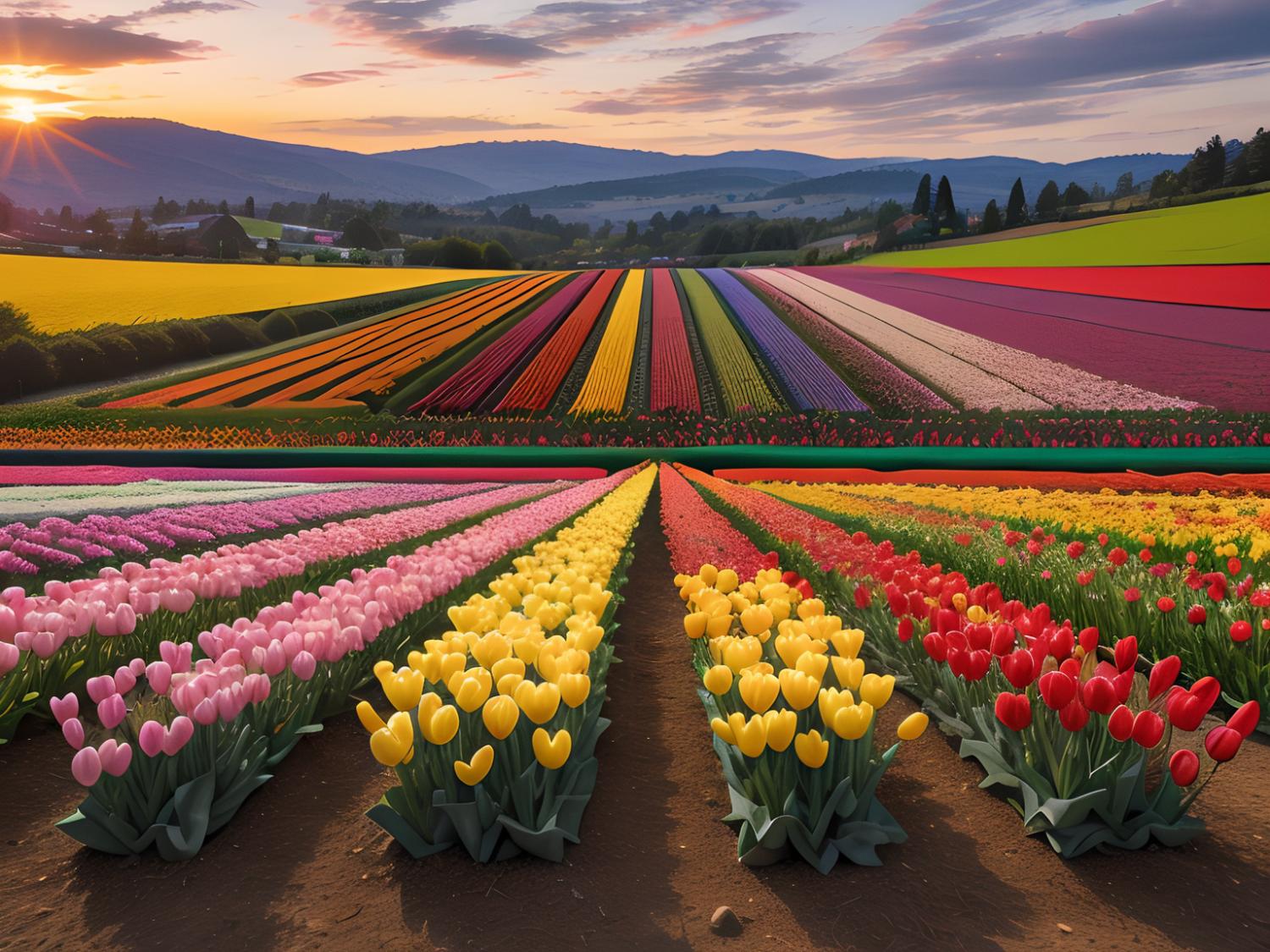 A vibrant field of multicolored tulips resembling the hues of a trendy crossbody bag stretches under a stunning sunrise sky.