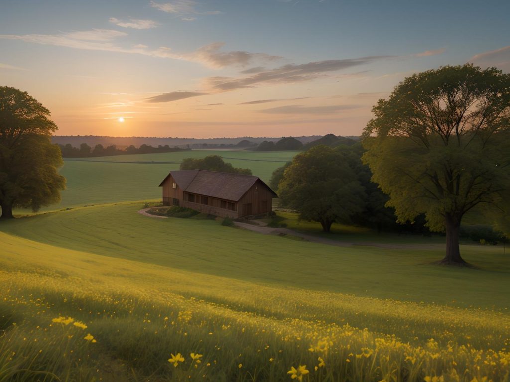 A rustic barn at sunset with a JanSport backpack; the mix of countryside charm and classic style creates a dreamy fashion statement.