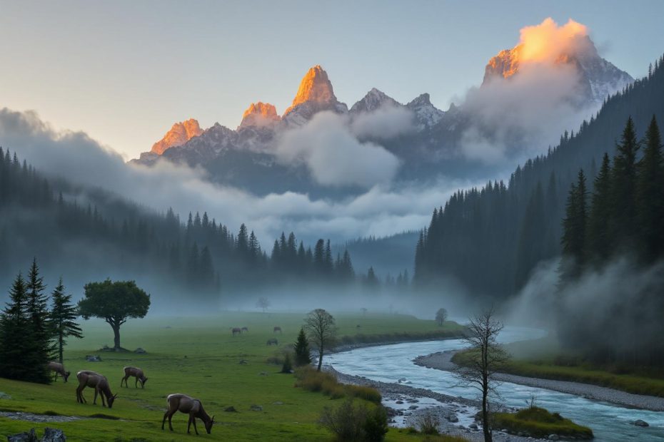 Sunrise casts a golden hue over misty peaks and elk in a lush meadow, inspiring chic outdoor travel gear for nature-loving fashionistas.