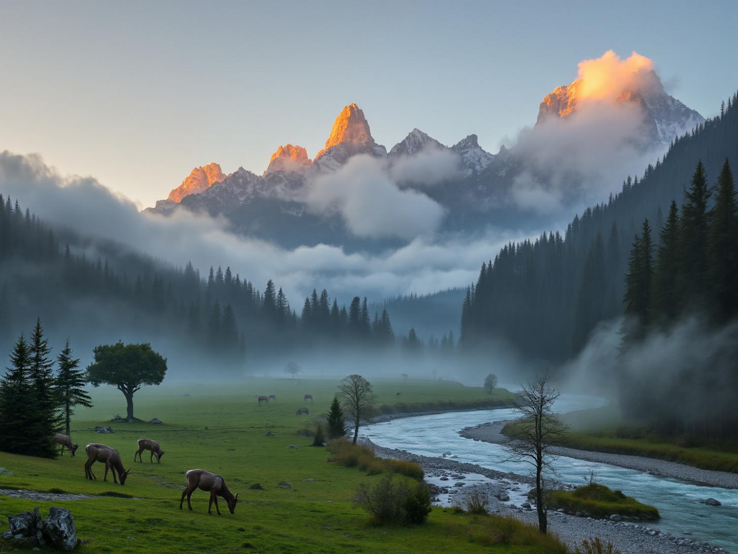Sunrise casts a golden hue over misty peaks and elk in a lush meadow, inspiring chic outdoor travel gear for nature-loving fashionistas.