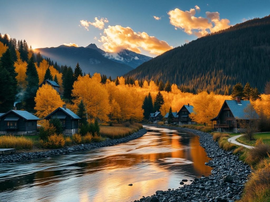 A tranquil valley features cozy riverside cabins surrounded by autumn trees; a setting sun silhouette suggests chic ultralight travel vibes.