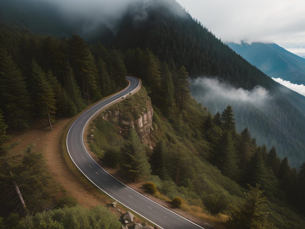 A winding mountain road enveloped in mist evokes ultralight outdoor fashion accessories, perfect for a serene adventure under cloudy skies.
