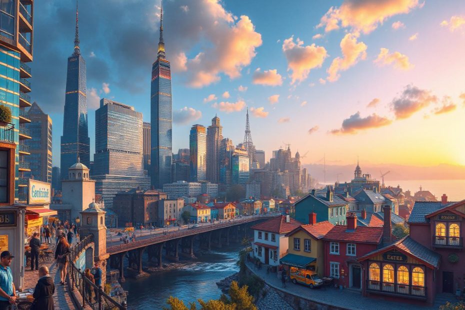 A vibrant cityscape at sunset blends urban skyscrapers with European-style buildings. Pedestrians, some in chic workwear, cross a bridge with a yellow bus beneath soft clouds. Fashion meets city life in this dynamic scene.