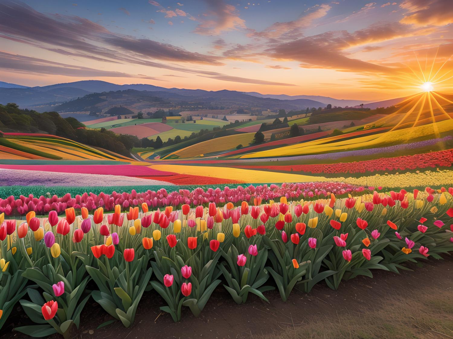 A captivating tulip field unfolds over rolling hills at sunset, echoing the blooming floral patterns trending in fashion accessories.