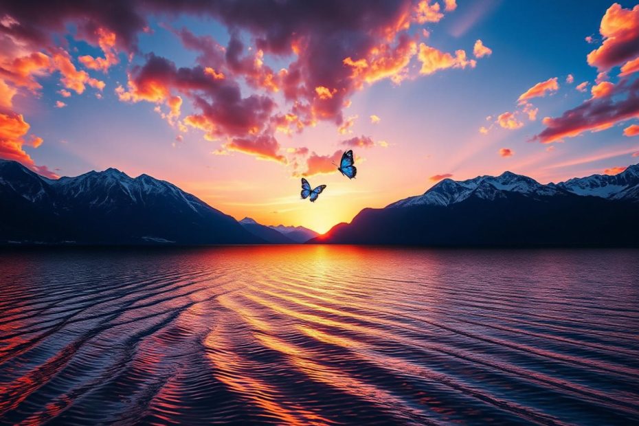 Vibrant sunset hues dance over a tranquil lake, echoing top-selling sustainable dress designs. Butterflies add whimsical charm.