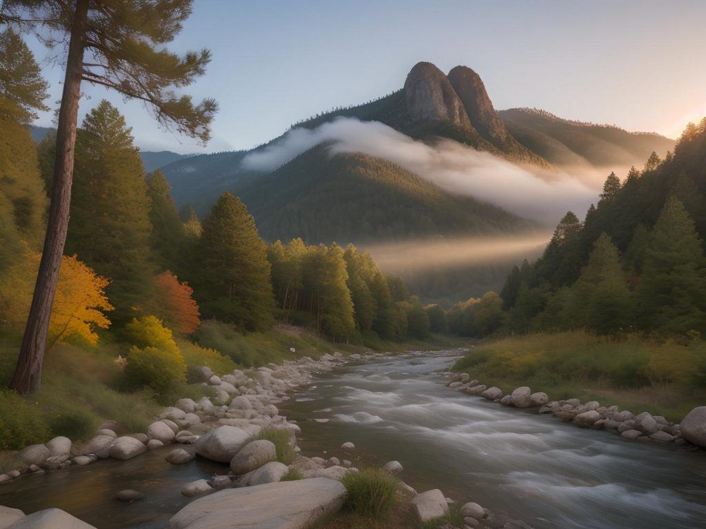 A picturesque autumn scene with a river through lush forests and misty mountains, echoing the timeless allure of nature-inspired fashion.