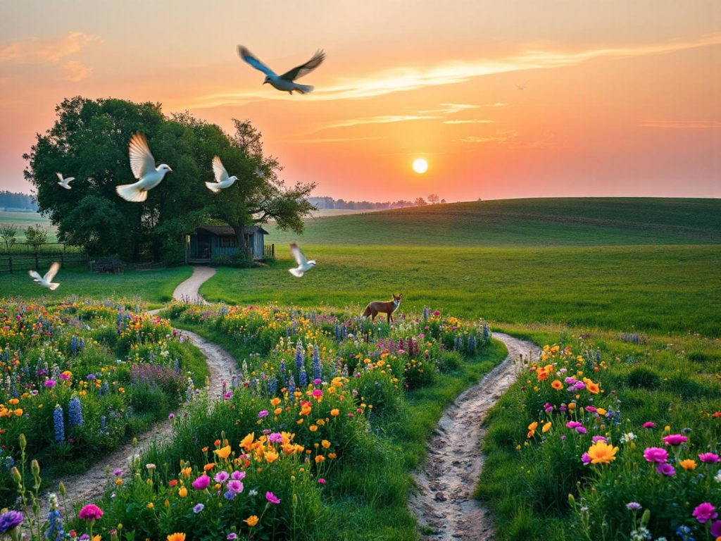 A sunrise landscape with a winding path through blooming poppies and lupines, echoing the elegance of sustainable floral fashion trends.