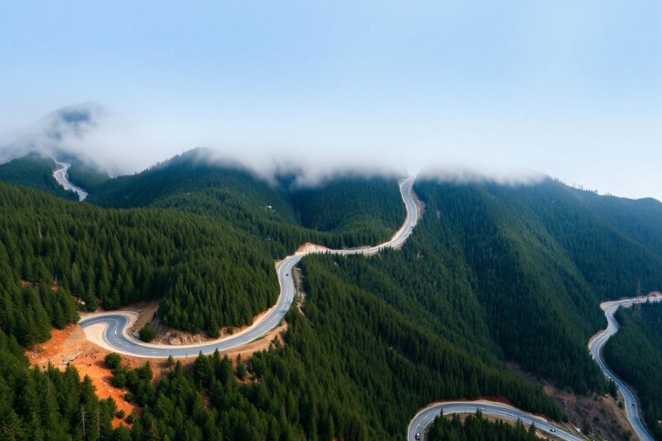 A winding road through misty pines mirrors the sleek, precise curves of Peak Design's mobile vent mount, blending nature and style.