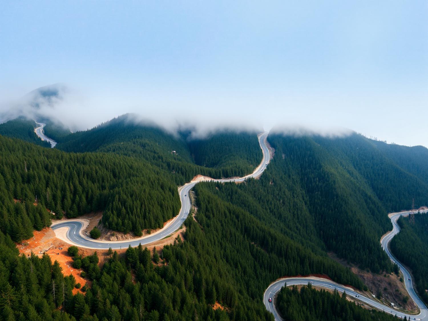 A winding road through misty pines mirrors the sleek, precise curves of Peak Design's mobile vent mount, blending nature and style.