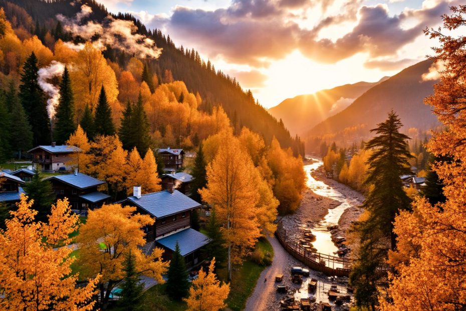 As the golden sunset illuminates a vibrant autumn valley, a chic pathway leads fashion-forward explorers past stylish wooden cabins.