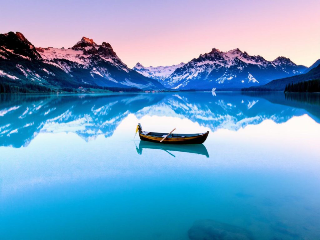 A solitary wooden boat graces a pristine lake, mirroring snow-capped peaks and a pastel sky—a serene harmony akin to nature-inspired fashion.