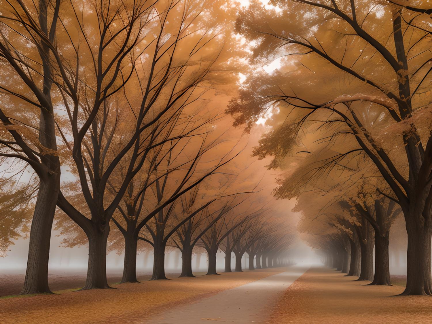 A captivating walkway, adorned with rich autumn leaves, invites you to explore nature’s runway in a serene cascade of rusty hues.