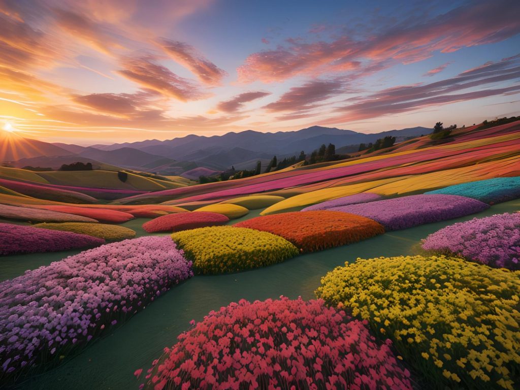 A sunset's orange and purple hues illuminate rolling hills covered in vibrant rows of pink, yellow, and purple blooms, resembling a colorful tapestry—a nod to fashion's bold patterns.