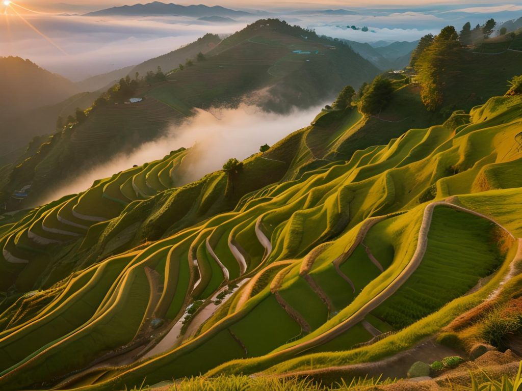 Sunrise over terraced rice fields inspires modern fashion with its earthy tones and layered elegance, capturing eco-chic style trends.