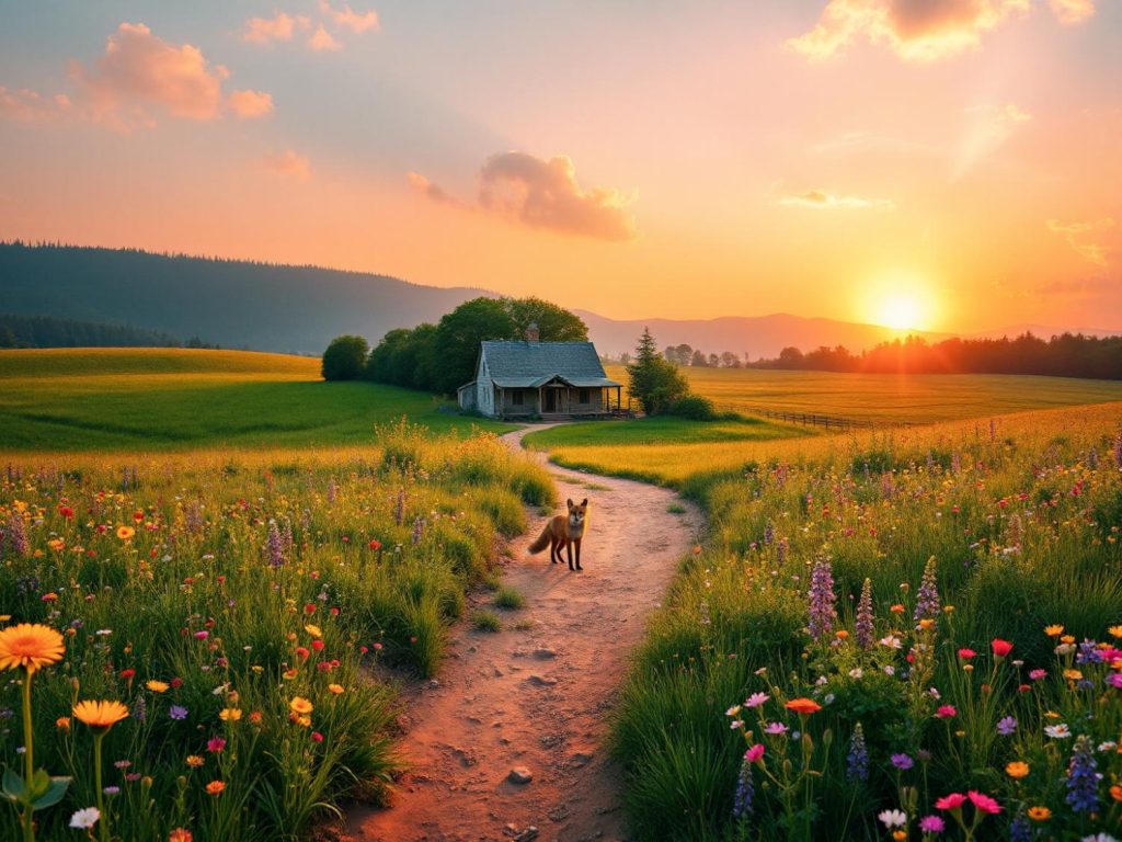 Amid a picturesque sunset, a fox graces the path to a rustic cabin, echoing the nature-inspired trend in boho fashion.