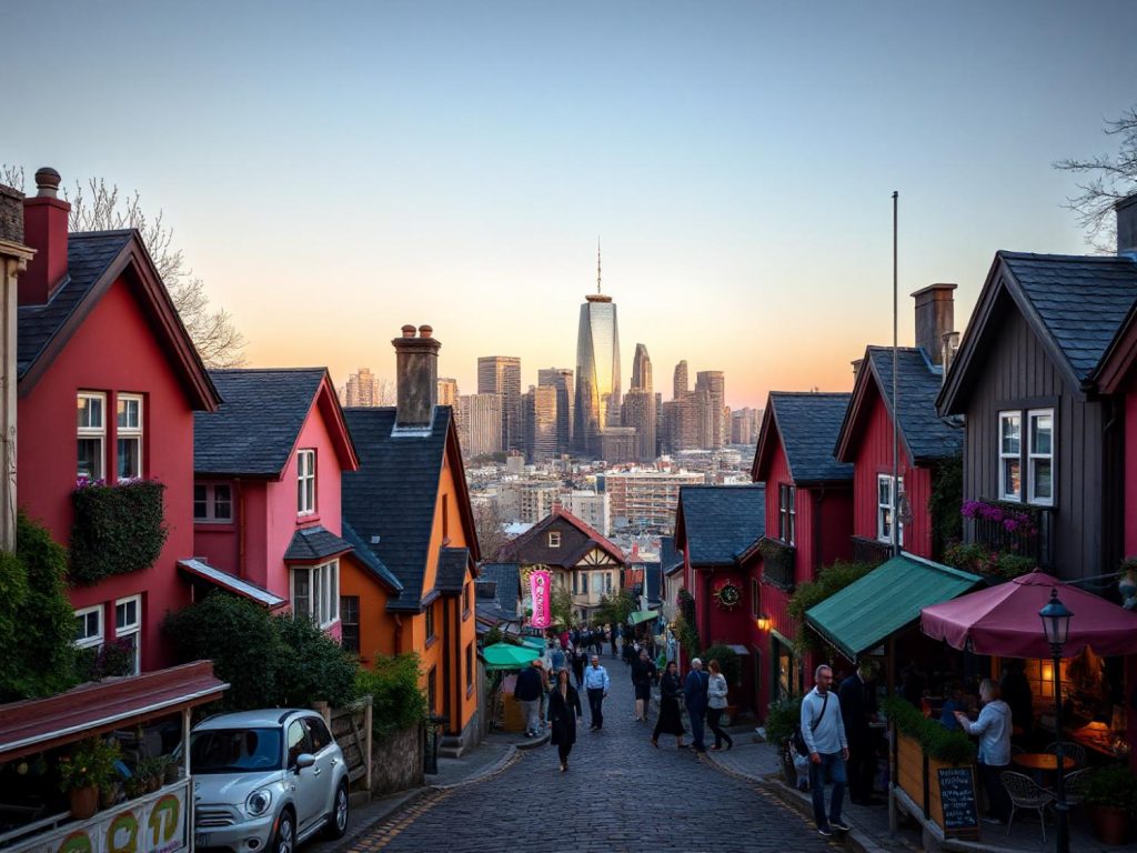 A bustling cobblestone street at sunset showcases colorful houses, embodying urban chic with a flair for modern lifestyle and style.