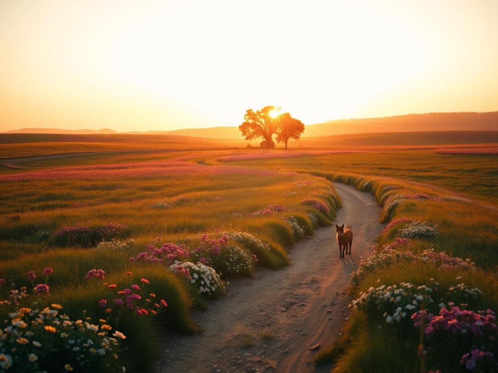 A chic dog struts along a dirt path, fashionably adorned with a travel sling, amidst vibrant wildflowers under a stunning golden sunset.
