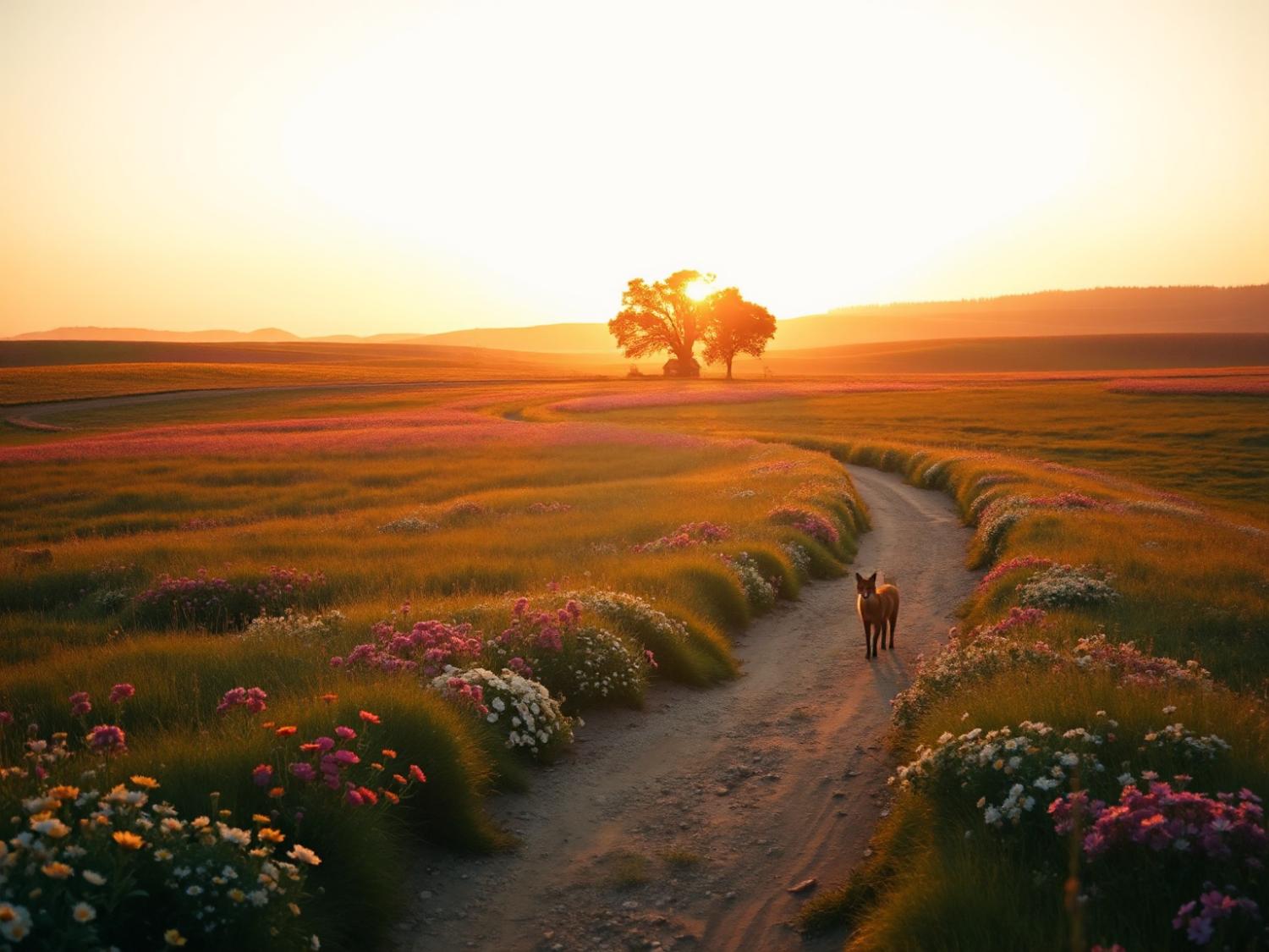 A chic dog struts along a dirt path, fashionably adorned with a travel sling, amidst vibrant wildflowers under a stunning golden sunset.
